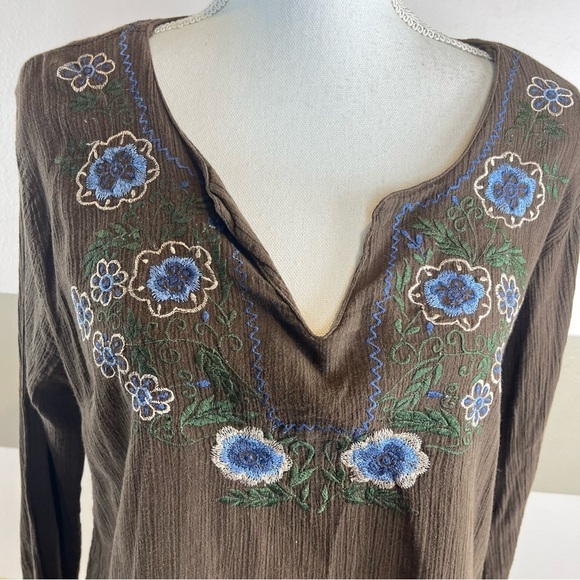 2/$25 Giselle Apparel Vintage 90s Brown Floral Embroidered Boho Hippie Blouse - Picture 6 of 13
